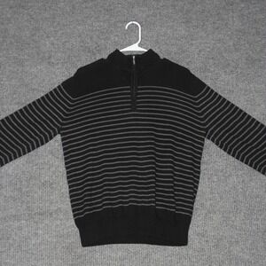 LL Bean Sweater Mens M Black Gray Striped Quarter Zip Cotton Cashmere Blend